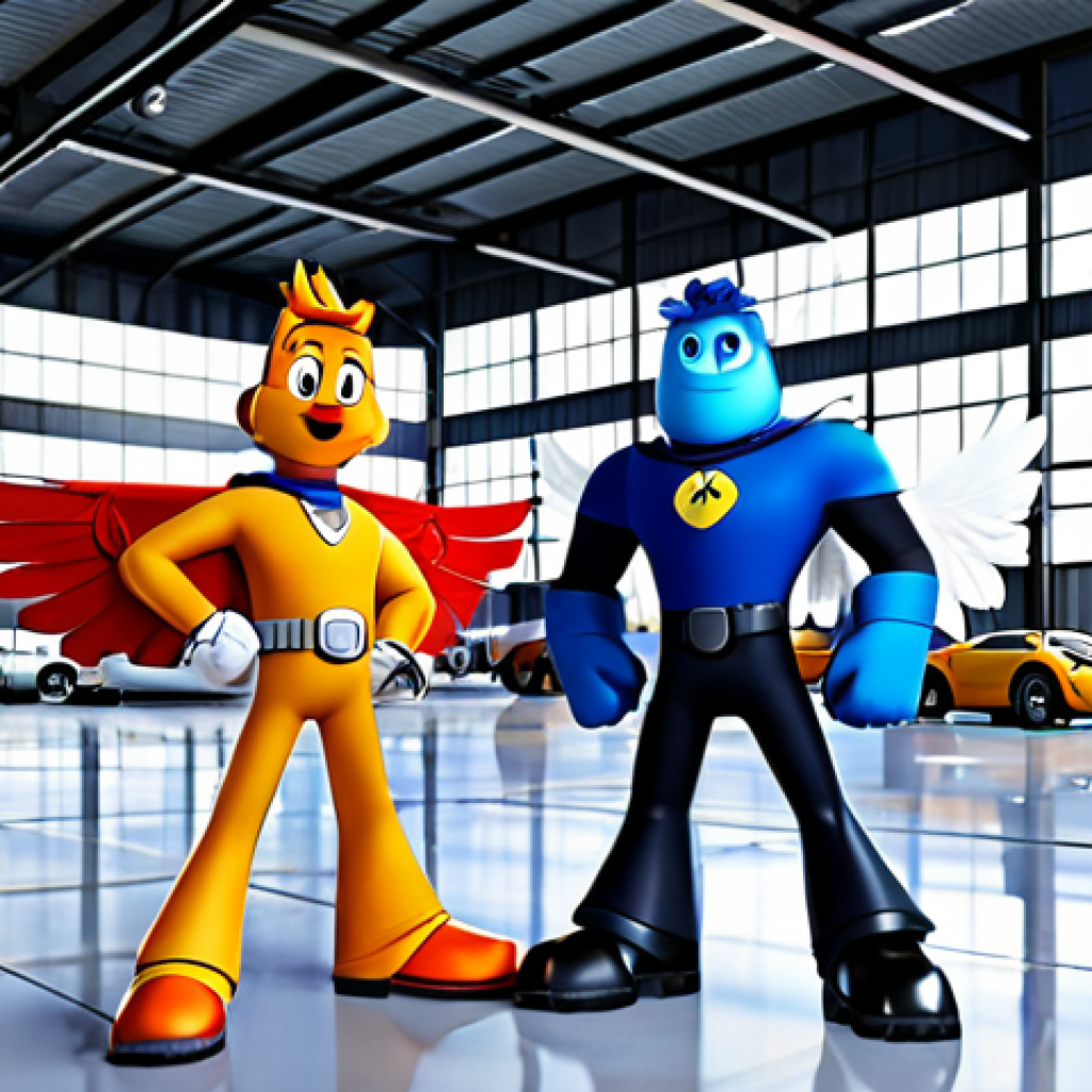 Super Wings Team Gathering**

"A group of Super Wings characters (Jett, Dizzy, Jerome, Donnie, and possibly a new character) standing together in a bright, cheerful airport hangar, fully clothed, appropriate attire. Perfect anatomy, correct proportions, well-formed hands, proper finger count. Family-friendly, safe for work, professional digital art, high quality, natural pose."

**