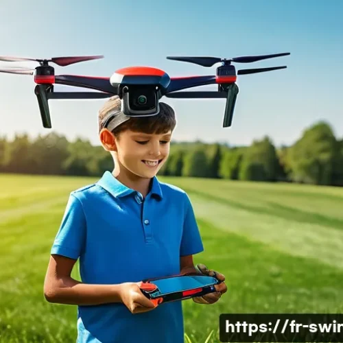 슈퍼윙스 어린이 드론 상품 - A vibrant, child-friendly drone flying outdoors in a sunny park setting, designed with bright primar...