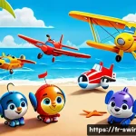 Home 20 슈퍼윙스 색칠놀이 도안 - A vibrant and detailed coloring scene featuring the Super Wings characters in a sunny tropical beach...