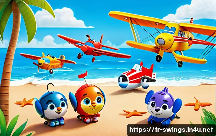 슈퍼윙스 색칠놀이 도안 - A vibrant and detailed coloring scene featuring the Super Wings characters in a sunny tropical beach...