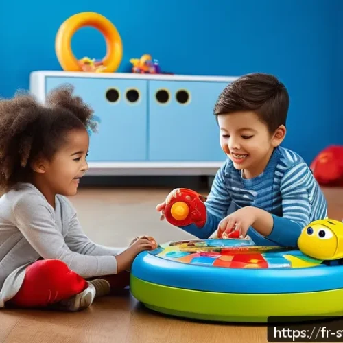 Home 31 슈퍼윙스와 협업한 브랜드 - A bright and colorful playroom scene featuring children aged 5-8 playing with interactive, tech-enha...