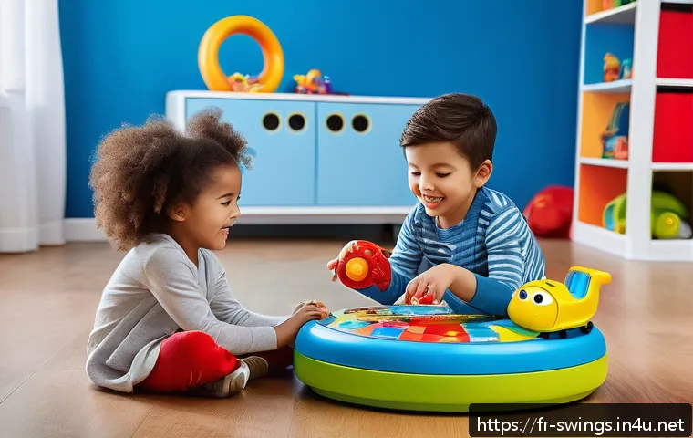 슈퍼윙스와 협업한 브랜드 - A bright and colorful playroom scene featuring children aged 5-8 playing with interactive, tech-enha...