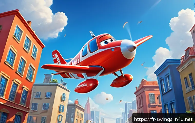 슈퍼윙스 캐릭터 인기투표 - A vibrant and dynamic scene featuring Jett, the red airplane hero from Super Wings, soaring swiftly ...