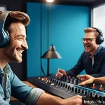 Home 23 슈퍼윙스 영어 더빙 비하인드 - A lively animation studio scene showing diverse voice actors in a modern recording booth, wearing ca...