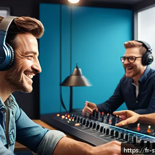 Home 17 슈퍼윙스 영어 더빙 비하인드 - A lively animation studio scene showing diverse voice actors in a modern recording booth, wearing ca...