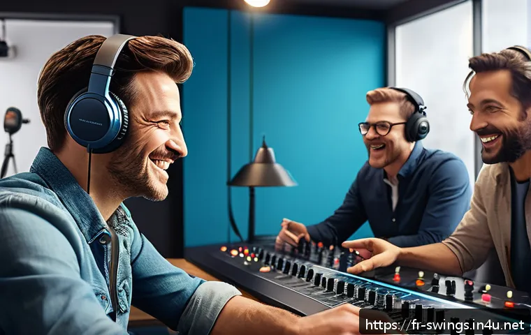 슈퍼윙스 영어 더빙 비하인드 - A lively animation studio scene showing diverse voice actors in a modern recording booth, wearing ca...