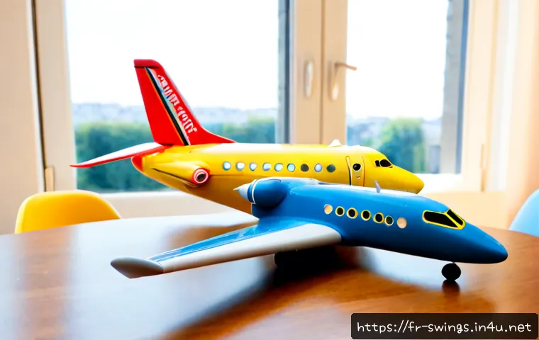 슈퍼윙스와 다른 비행기 애니메이션 비교 - Photorealistic comparison scene on a bright French family living-room table: two colorful child-frie...